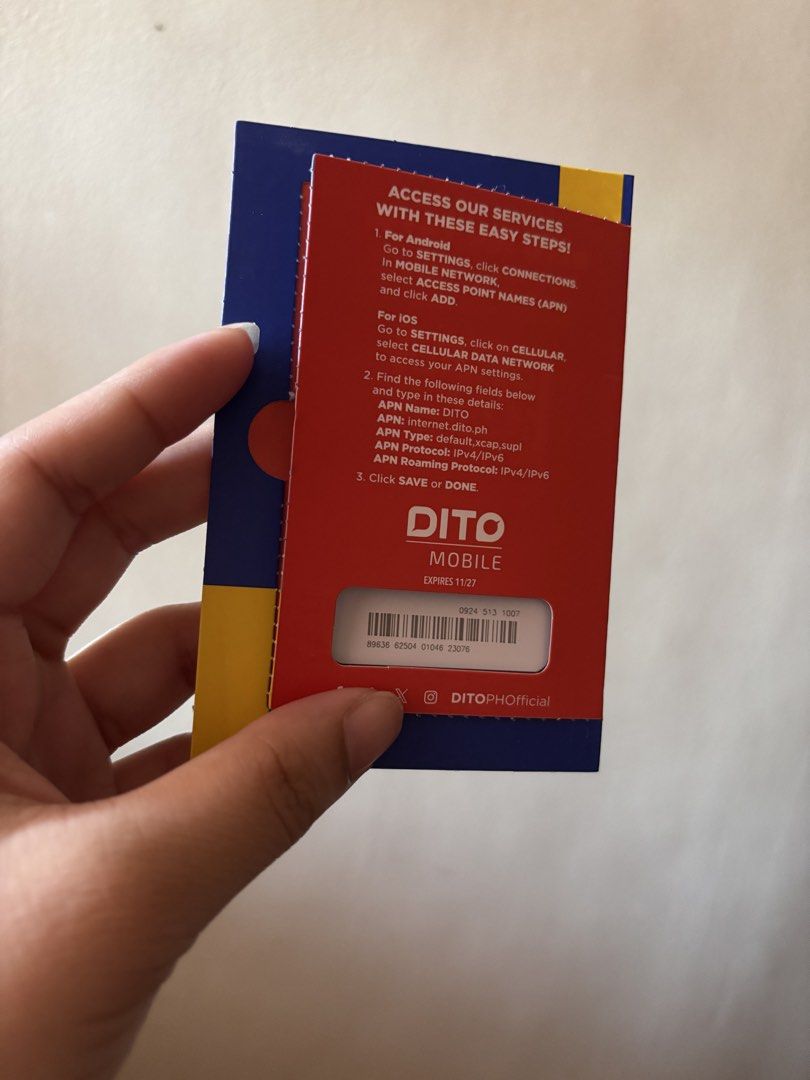 DITO Mobile Prepaid SIM Starter Pack - Up to 25GB Data (Category: Networking) located in Manila. Submitted by meliorashop22 (Listing ID 1448079724, Image 2). Description: - DITO Mobile Prepaid SIM Starter Pack - Up to 25GB Data - Includes Calls and Texts - Price: P30 - Easy setup instructions (Android & iOS) on back - Validity: Until November 2027.