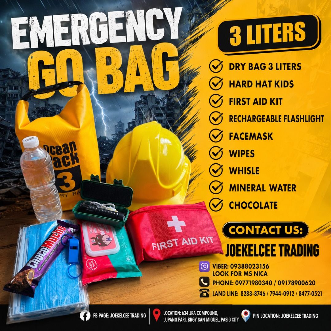 Emergency Go Bag - 3 Liters Dry Bag, First Aid Kit, Flashlight (Category: Medical Supplies & Tools) located in Caloocan City. Submitted by brightriver_09 (Listing ID 1448147366, Image 1). Description: Complete emergency go bag for your safety needs. Includes a 3-liter dry bag, hard hat, first aid kit, rechargeable flashlight, facemasks, wipes, whistle, mineral water, and chocolate. Everything you need in one pack. Contact us for details..