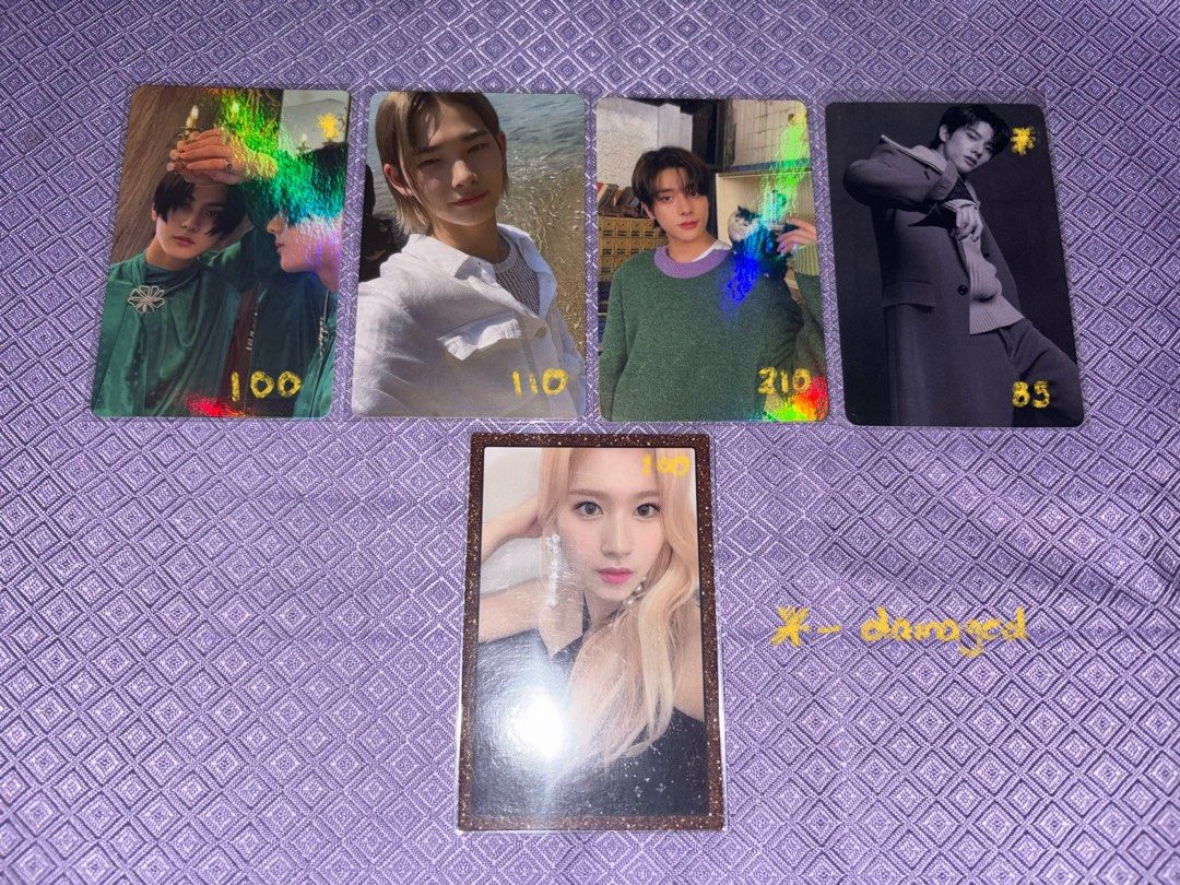 ENHYPEN & TWICE Photocards - Various Members (Category: K-Wave Merchandise) located in Manila. Submitted by daichecartz (Listing ID 1448212460, Image 1). Description: - K-pop photocards for sale! - Featuring ENHYPEN and TWICE members. - ENHYPEN & TWICE cards prices: 100, 110, 210, 85. - TWICE photocard has a special glittery border. - Please check all photos carefully for the condition of each card. - Note: One card is marked as damaged. (jake pc