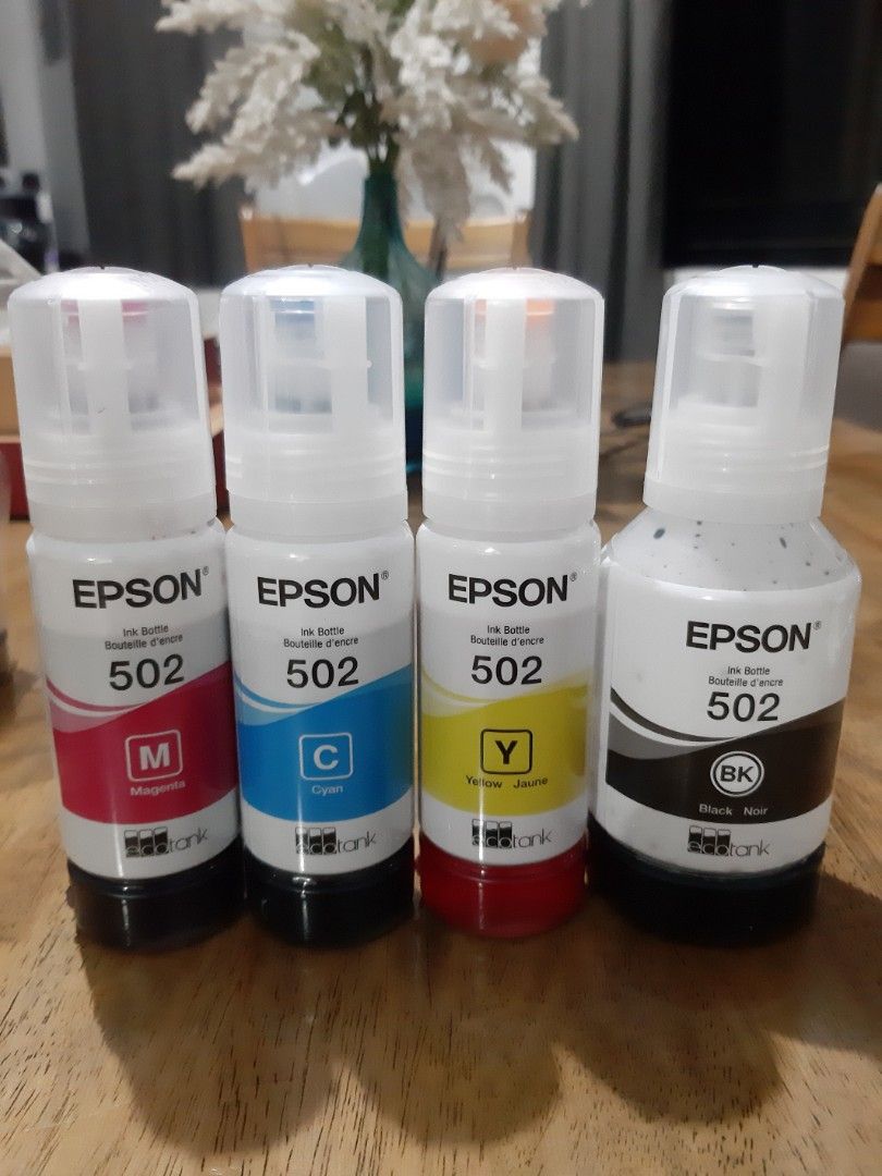 EPSON 502 ink BL CMY all for (Category: Printers, Scanners & Copiers) located in Bacoor. Submitted by Sky10629 (Listing ID 1448146824, Image 2). Description: Sealed Good condition Black 2X - expires 2025 Black 1X - expires 2022 Opened around 90% content good condition CMY 1 set - expires 2022 Take All for 1500.