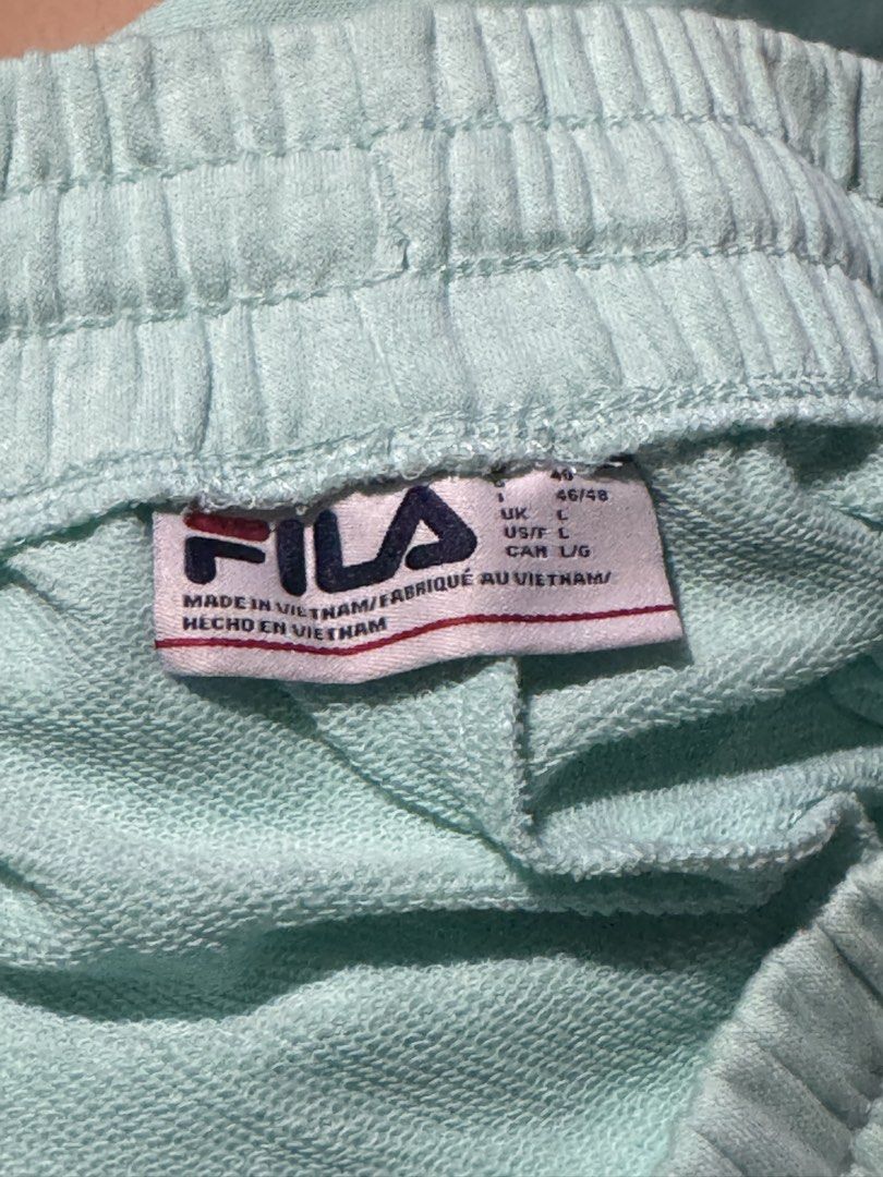 Fila Light Mint Green Sweatpants Joggers Size L (Category: Other Bottoms) located in Manila. Submitted by _ravenqueen (Listing ID 1448227852, Image 3). Description: - Brand new Fila sweatpants - Light mint green color - Jogger style - Elastic waistband and cuffs - Size L - Made in Vietnam - Perfect for lounging or casual wear - Tags attached.