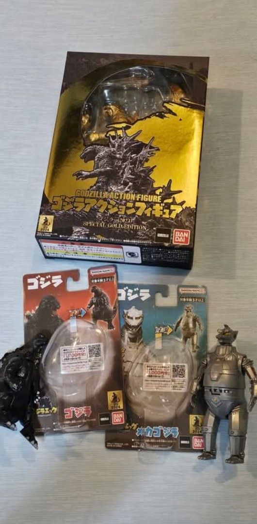 For Sale: Godzilla Set (Category: Figurines & Statues) located in Antipolo. Submitted by amilkglass (Listing ID 1448134741, Image 1). Description: Godzilla Set 2000 MISB Bandai Godzilla Special Gold Edition BIC Bandai Godzilla Egg BIC Bandai Mecha Godzilla Egg LOC: Antipolo/UST on weekends MOP: GCash MOD: LBC/Lalamove/JNT .