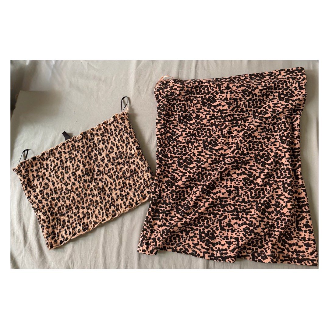 H&M Leopard Print Tube Top Bundle (Category: Sets or Coordinates) located in Las Pinas. Submitted by zen.finds (Listing ID 1448090570, Image 1). Description: - Adorable leopard print set - Smocked tube top with adjustable straps - Matching tube skirt - Stretchy and comfortable material - Ideal for casual day or night out - Easy to mix and match with other wardrobe pieces - Cropped tube: XS, Long tube: S - Price is fixed.