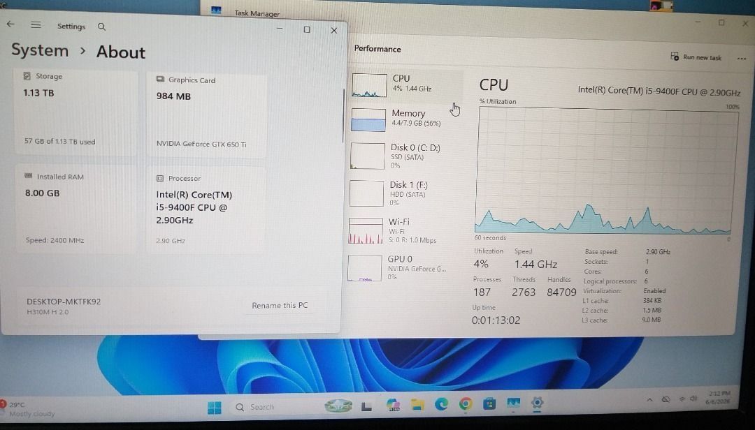 i5-9400F (CPU ONLY) (Category: Desktops) located in Caloocan City. Submitted by arvincabre16268 (Listing ID 1448157283, Image 3). Description: Great for multitasking and coding. 📌 System Specifications Intel Core i5-9400F (6 Cores / Up to 4.10 GHz) GIGABYTE H310M H 2.0 8GB DDR4 RAM NVIDIA GTX 650 Ti (1GB GDDR5) – Output via DVI / Mini-HDMI only. 240GB SSD 1TB HDD YGT Gaming Case 700W PSU (with 6-pin connector) Windows 11 Pro (Activated) 💻 Pre-I