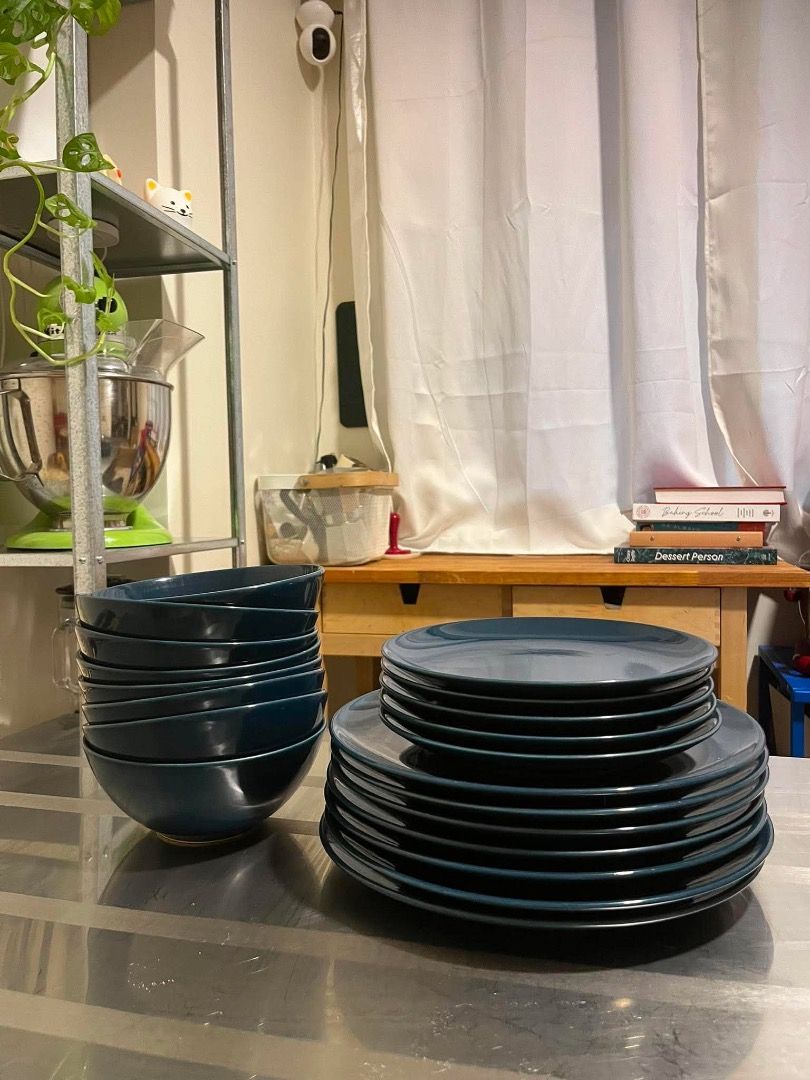 IKEA Dark Blue Bowl and Plate Set (Category: Dinnerware & Cutlery) located in Pasay City. Submitted by katescakes (Listing ID 1448274095, Image 2). Description: - IKEA tableware set - Deep dark blue color - Made in Romania - Ideal for everyday use or special occasions - Please check photos for detailed condition - Some minor cosmetic wear on the back of a few - Take all price.