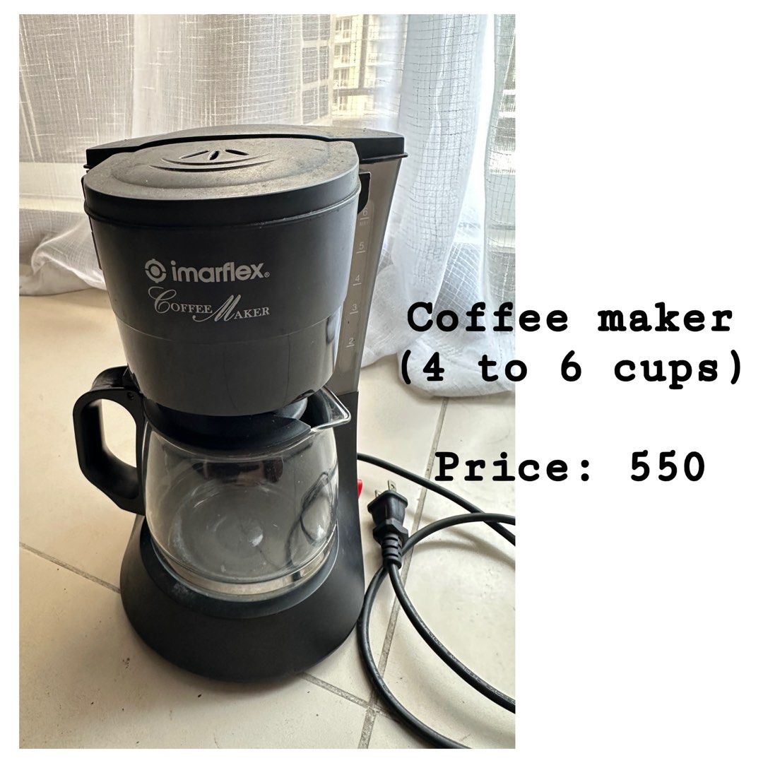 Imarflex Coffee Maker (4-6 cups) (Category: Coffee Machines & Makers) located in Manila. Submitted by gentle.lovedph (Listing ID 1448079583, Image 1). Description: - Imarflex Coffee Maker - Makes 4 to 6 cups - Color: Black - Comes with a glass carafe - Power cord included - Ready for your morning coffee!.