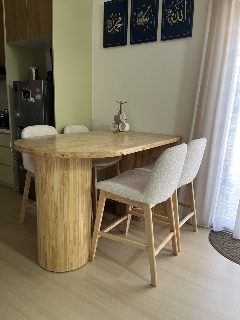 Japandi Solid Wood Bar Dining Table Set + 4 Bouclé Chairs (Category: Other Home Furniture) located in Kuala Lumpur. Submitted by juwairiyah91472 (Listing ID 1448081001, Image 3). Description: .