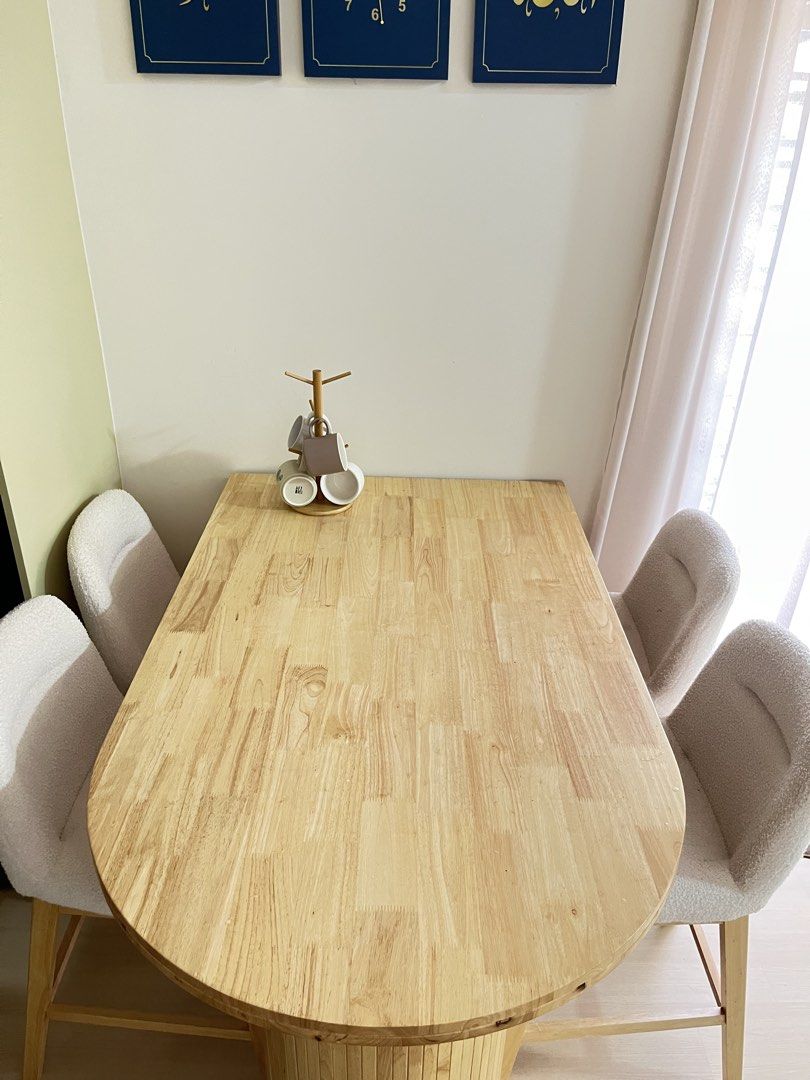 Japandi Solid Wood Bar Dining Table Set + 4 Bouclé Chairs (Category: Other Home Furniture) located in Kuala Lumpur. Submitted by juwairiyah91472 (Listing ID 1448081001, Image 1). Description: .