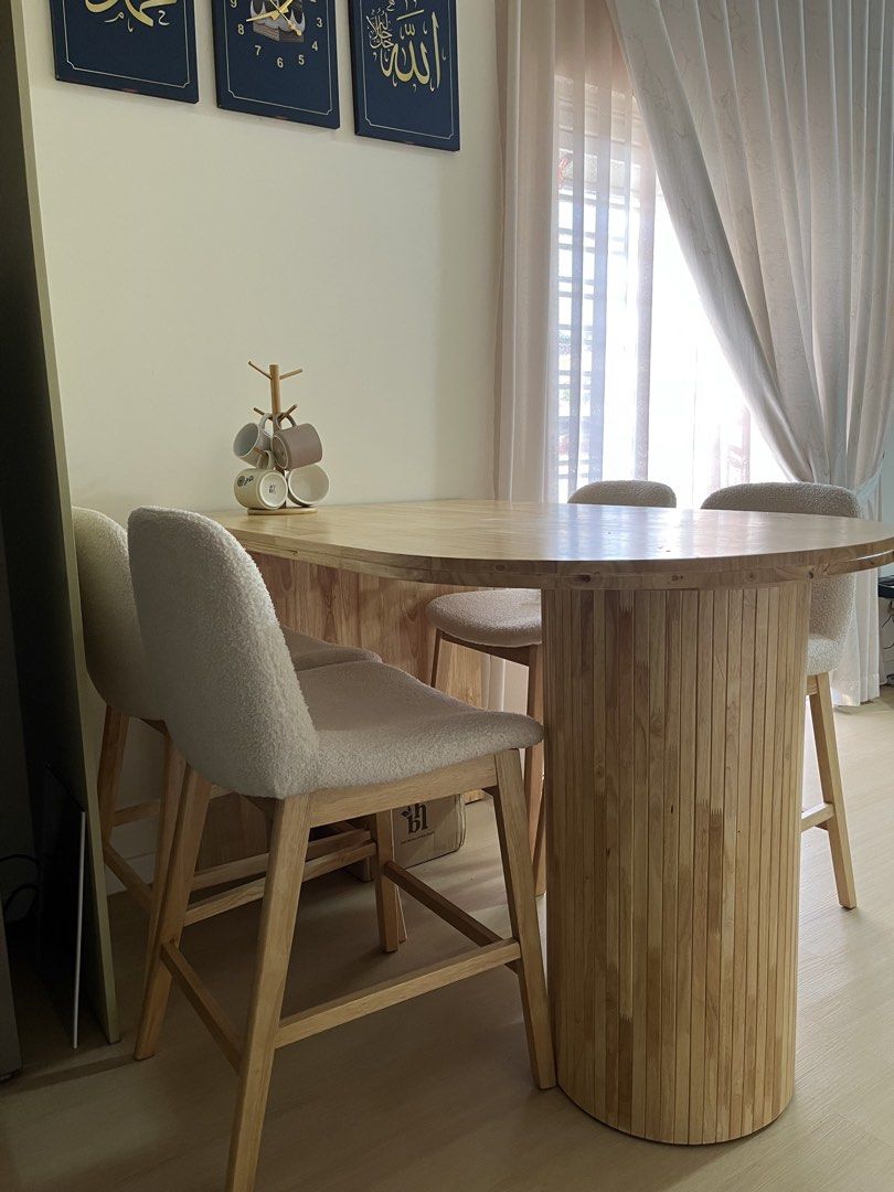 Japandi Solid Wood Bar Dining Table Set + 4 Bouclé Chairs (Category: Other Home Furniture) located in Kuala Lumpur. Submitted by juwairiyah91472 (Listing ID 1448081001, Image 2). Description: .