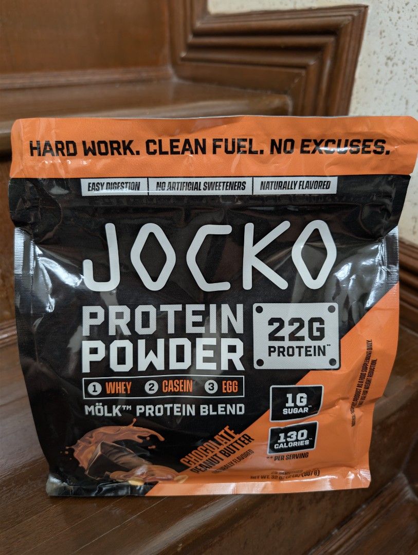 Jocko Fuel Whey Protein Powder (Category: Sports & Fitness Nutrition) located in Taguig. Submitted by sneakergalleryph (Listing ID 1448108573, Image 1). Description: 2 pounds 22g protein per serving 26 servings Chocolate peanut butter flavor 💯% authentic.