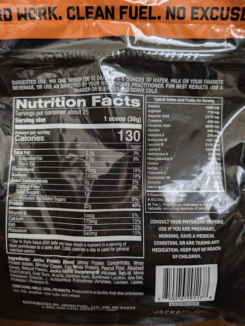 Jocko Fuel Whey Protein Powder (Category: Sports & Fitness Nutrition) located in Taguig. Submitted by sneakergalleryph (Listing ID 1448108573, Image 3). Description: 2 pounds 22g protein per serving 26 servings Chocolate peanut butter flavor 💯% authentic.