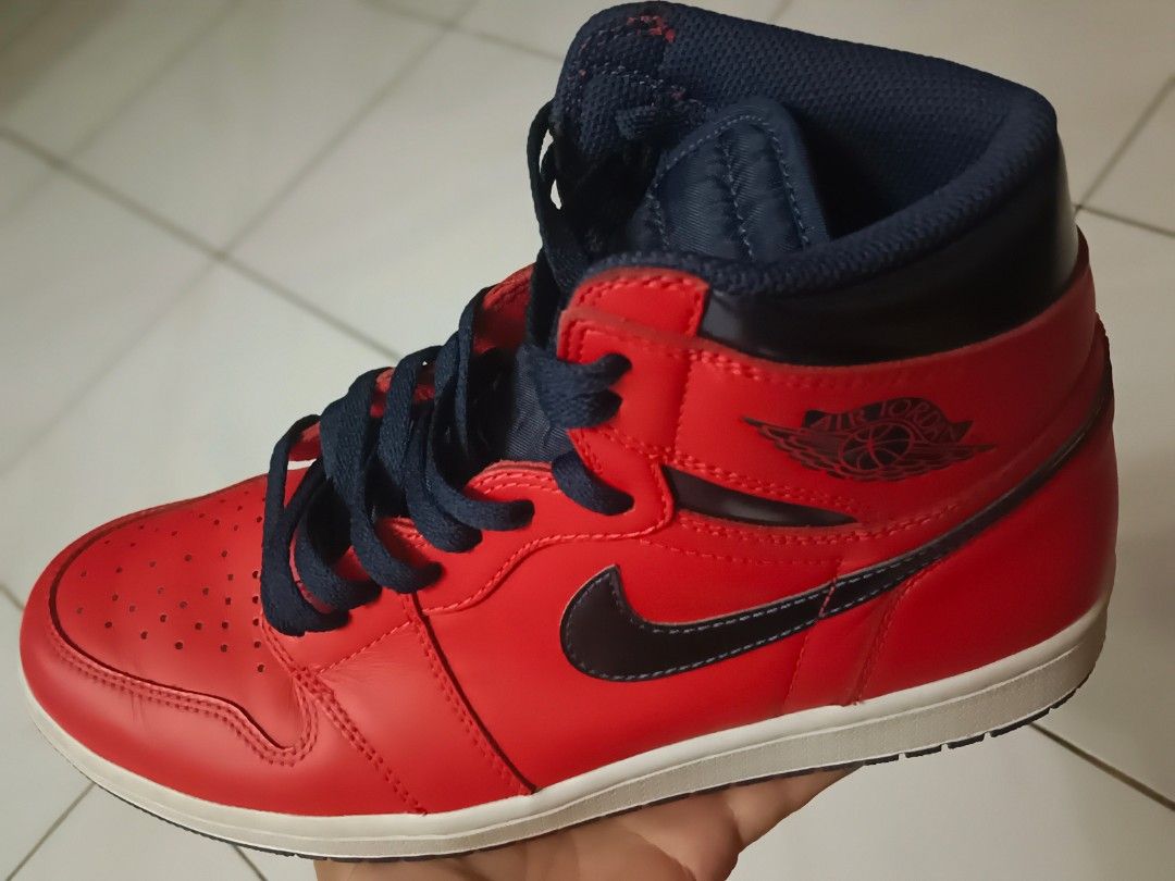 Jordan 1 Retro High OG David Letterman (Category: Sneakers) located in Caloocan City. Submitted by jee2727 (Listing ID 1413143943, Image 1). Description: - Air Jordan 1 High sneakers - Red leather upper - Blue swoosh and collar - White midsole, blue outsole - Size: US 9.5 - Made in China - No Box - Original frm NJ.
