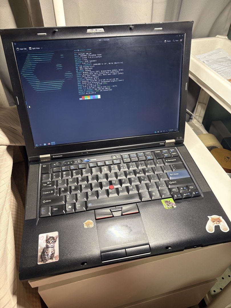 Lenovo ThinkPad T410 Laptop (Category: Laptops & Notebooks) located in San Mateo. Submitted by dubi.baho (Listing ID 1448126412, Image 2). Description: - Negotiable - Lenovo ThinkPad T410 Laptop - Project laptop - Currently runs on CachyOS - 14” screen (1440x900) - Intel core i5 M520 (4 cores) - 6GB RAM (or 5.58 GB to be exact) - 250 GB storage (or 238.47 GB to be exact) - See the second photo for other specs.