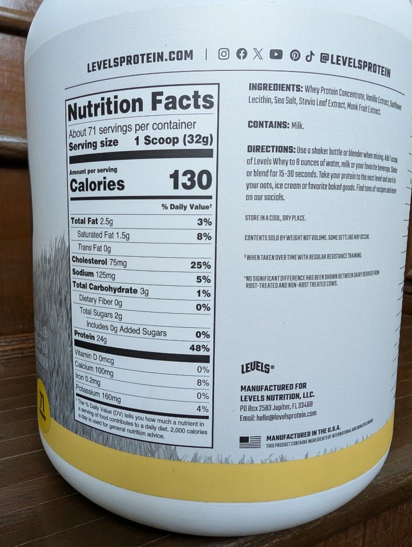 Levels Grass Fed Whey Protein Powder (Category: Sports & Fitness Nutrition) located in Taguig. Submitted by sneakergalleryph (Listing ID 1448109834, Image 3). Description: 5 pounds 24g protein per serving 71 servings Vanilla bean flavor 💯% authentic.
