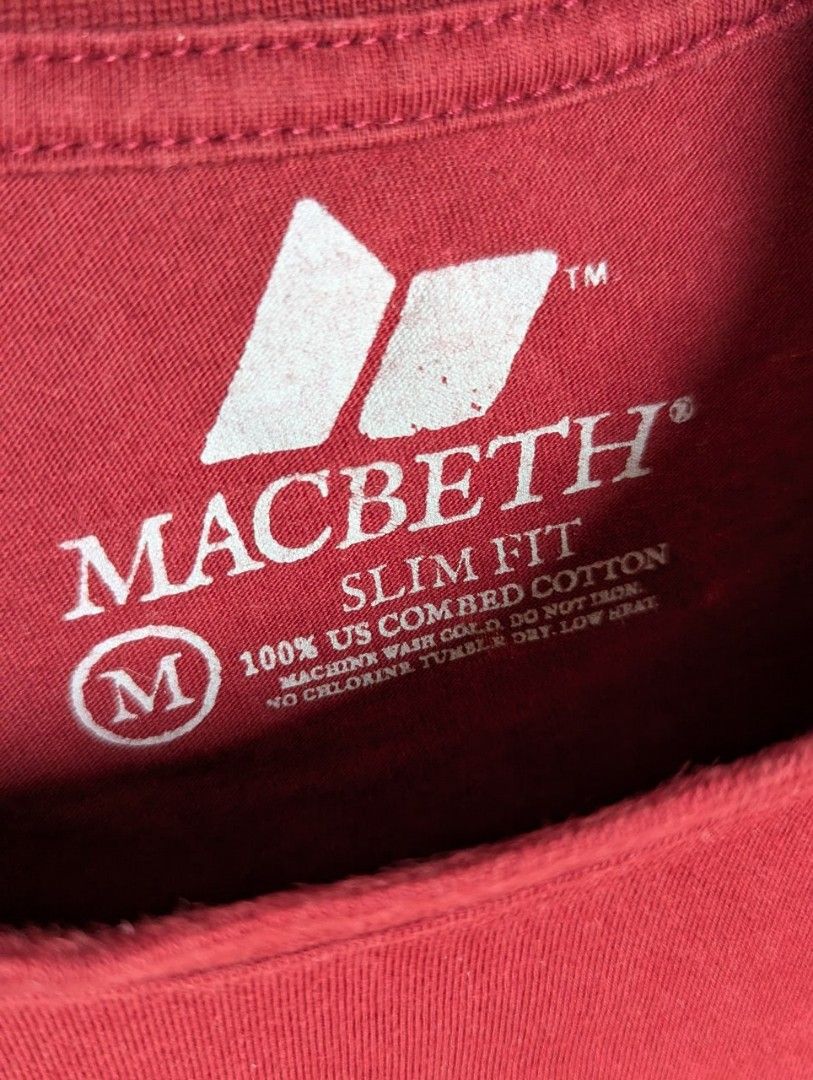 Macbeth Slim Fit Cotton T-Shirt Size M (Category: Tshirts & Polo Shirts ) located in Quezon City. Submitted by pervysage (Listing ID 1448097901, Image 2). Description: - Red Macbeth T-shirt - Size: Medium (M) - Material: 100% US combed cotton - Fit: Slim fit - Care Instructions: - Machine wash cold - Do not bleach - Tumble dry on low heat (no children's tumble dry).