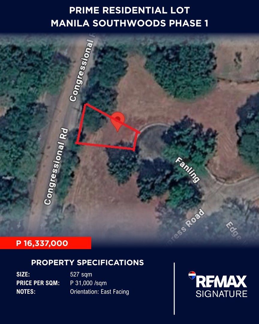 MANILA SOUTHWOODS PHASE 1 (Category: Lot) located in Manila. Submitted by realtorrachelle (Listing ID 1448144039, Image 1). Description: 🌿 FOR SALE | PRIME RESIDENTIAL LOT – ₱31,000/sqm 📍 Manila Southwoods Phase 1 Secure a rare residential lot opportunity in one of South Luzon’s most established and sought-after communities. Property Details: Code 14931 📐 Lot Area: 527 sqm 💰 Price: ₱16,337,000 .