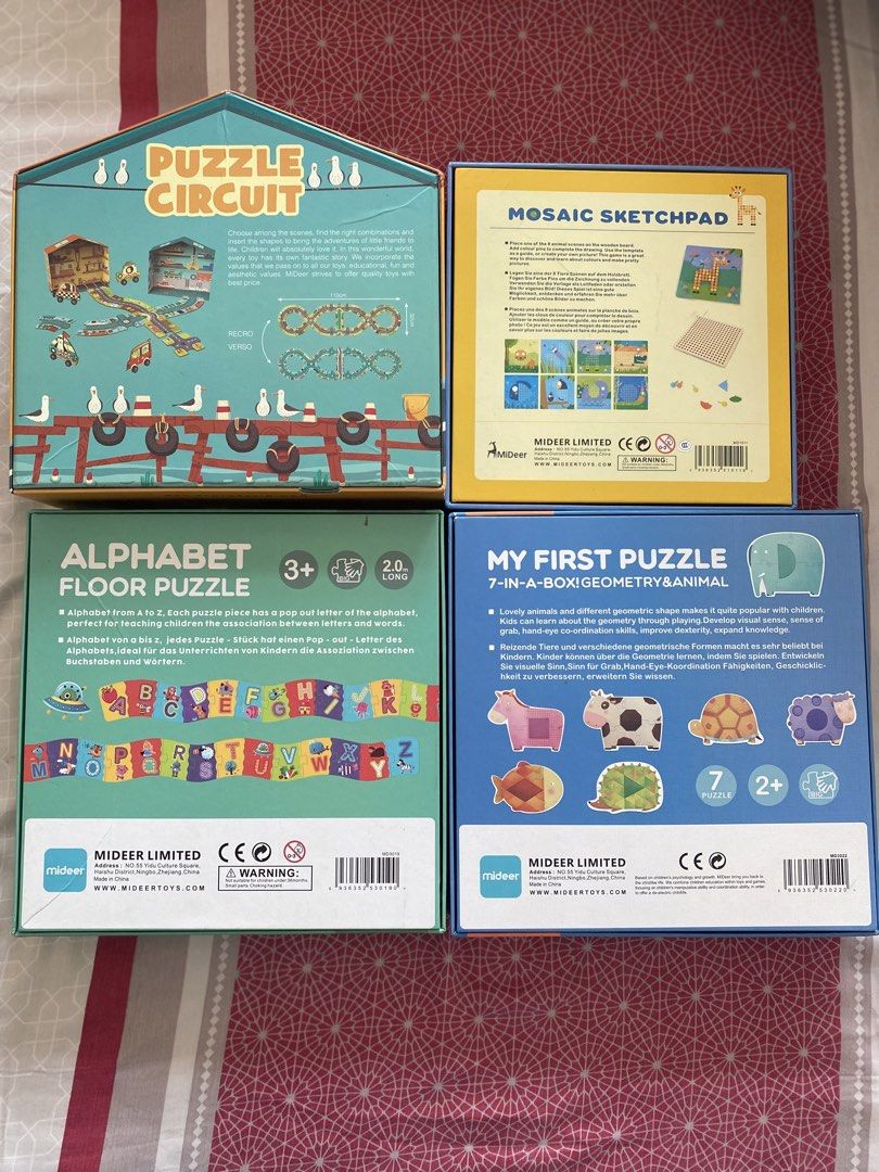 Mideer Children's Puzzles - 4 Sets (Category: Board Games & Puzzles) located in Manila. Submitted by olxph_808966171 (Listing ID 1448120536, Image 2). Description: - Set of 4 Mideer brand puzzles for kids. - Includes: Puzzle Circuit (38 pcs), Mosaic Sketchpad, Alphabet Floor Puzzle (52 pcs), and My First Puzzle 7-in-1 (32 pcs). - All puzzles are in their original packaging. - Ideal for educational play and entertainment..