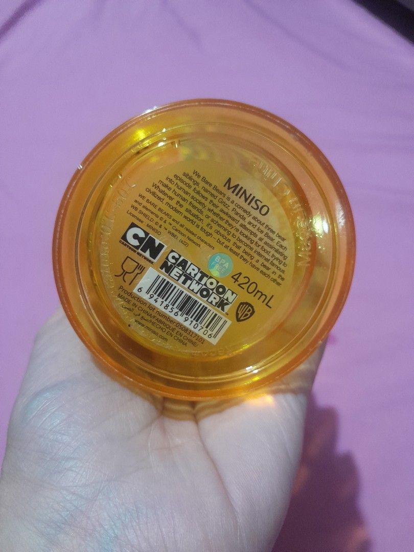 Miniso We Bare Bears Tumbler (Category: Water Bottles & Tumblers) located in Quezon City. Submitted by warmturtle.ba931b (Listing ID 1448204003, Image 2). Description: MINISO We Bare Bears Tumbler ✨ Authentic MINISO We Bare Bears licensed merchandise 🧸 Cute We Bare Bears character design 🥤 420ml reusable tumbler with straw 💛 Transparent amber/yellow body with dome lid ✅ Like new condition 🧼 Clean, well-maintained, and ready to use 💯 No crack