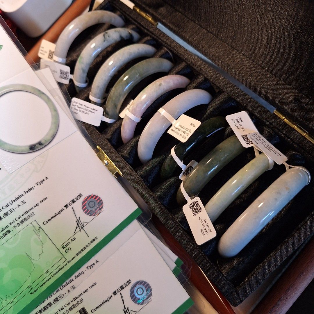 Natural Myanmar Jade Bangles with Certificates (Category: Bracelets) located in San Pedro. Submitted by graceleen00 (Listing ID 1434801237, Image 3). Description: Natural Myanmar Jade Bangles with Type A Certificates, big Sizes Available! Jade bangle is know and symbolizes protection, prosperity, and health. custom sourcing and layaway payment options available #NaturalJadeBangle #MyanmarJadeBangle #NaturalJade #customsourcing.