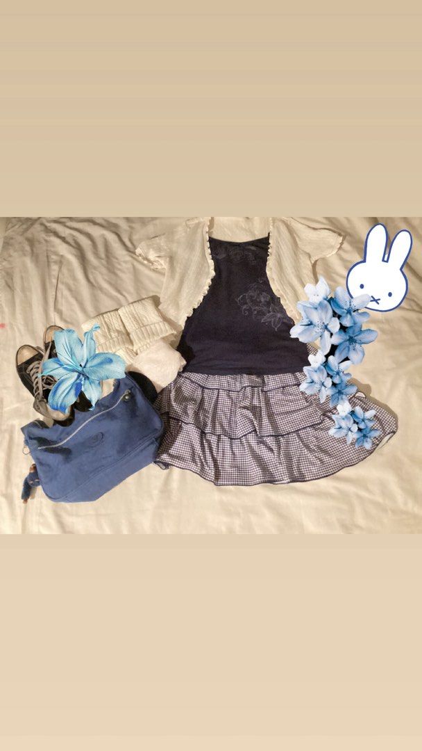 navy blue whimsical styled bundle (Category: Sets or Coordinates) located in Manila. Submitted by phiercetheveil (Listing ID 1448147475, Image 1). Description: ‧₊˚♪ 𝄞₊˚⊹ navy blue whimsy styled bundle by sewphieee⋆.ೃ࿔*:･ ⋆˚꩜｡ bundle consists of: -bolero -forever 21 tank top (with frutiger metro stencil designed by yours truly:3) -zara plaid tiered skirt -detailed tights -pair of leg warmers -diy miffy keychain -customized pair of hairclips (plea