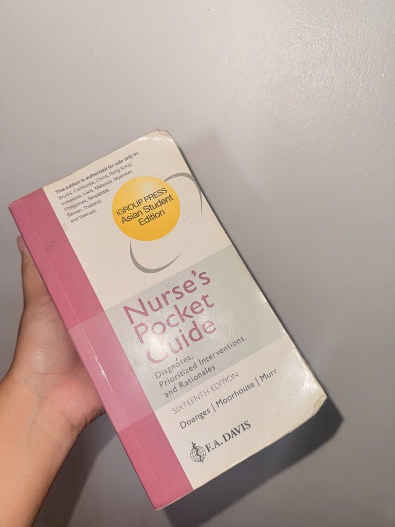 Nurse's Pocket Guide, 16th Edition (Category: Medical Supplies & Tools) located in Manila. Submitted by trshchntl004 (Listing ID 1448123885, Image 1). Description: - Nurse's Pocket Guide, Sixteenth Edition - Covers diagnoses, prioritized interventions, and rationales - Asian Student Edition (authorized for sale in Asia) - Essential reference for nursing students and professionals - Published by F.A. Davis.