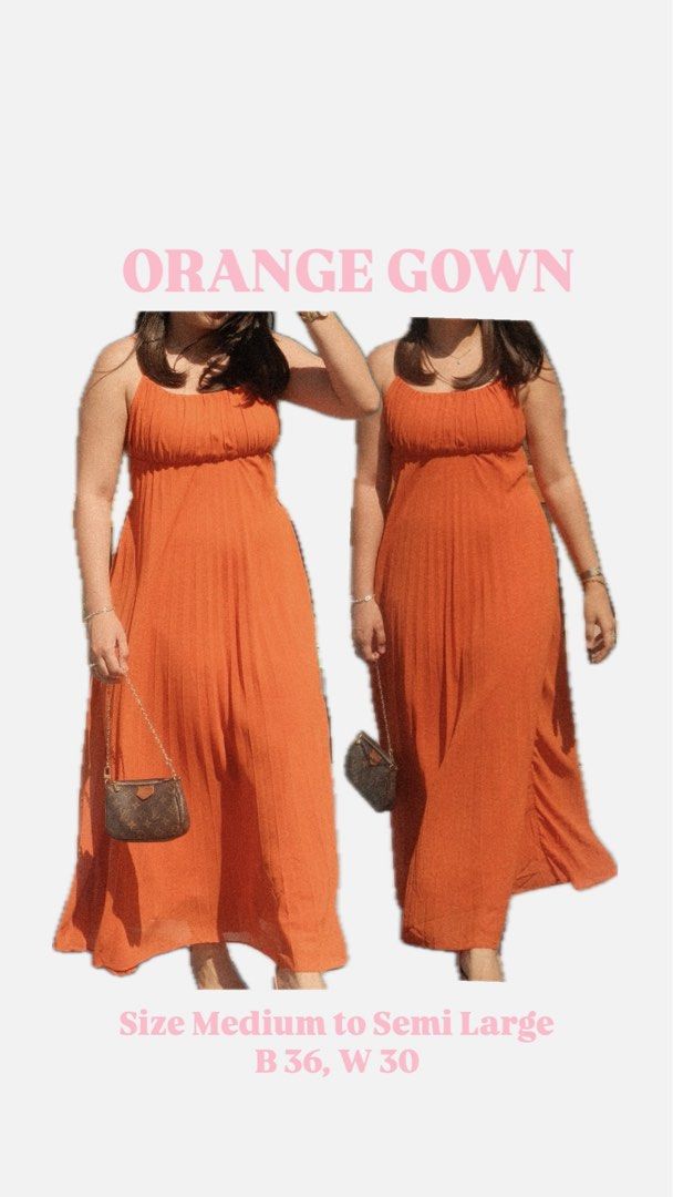 Orange Maxi Gown - Size Medium to Semi Large (Category: Evening dresses & gowns) located in Quezon City. Submitted by dsbasket (Listing ID 1448153551, Image 1). Description: - Flowy orange maxi gown - Features a ruched bust - Pleated skirt for elegant movement - Comfortable and chic design - Fits medium to semi-large frames (M-XL) - Measurements: Bust 36 inches, Waist 30 inches - Versatile: Great for parties or a casual day out.