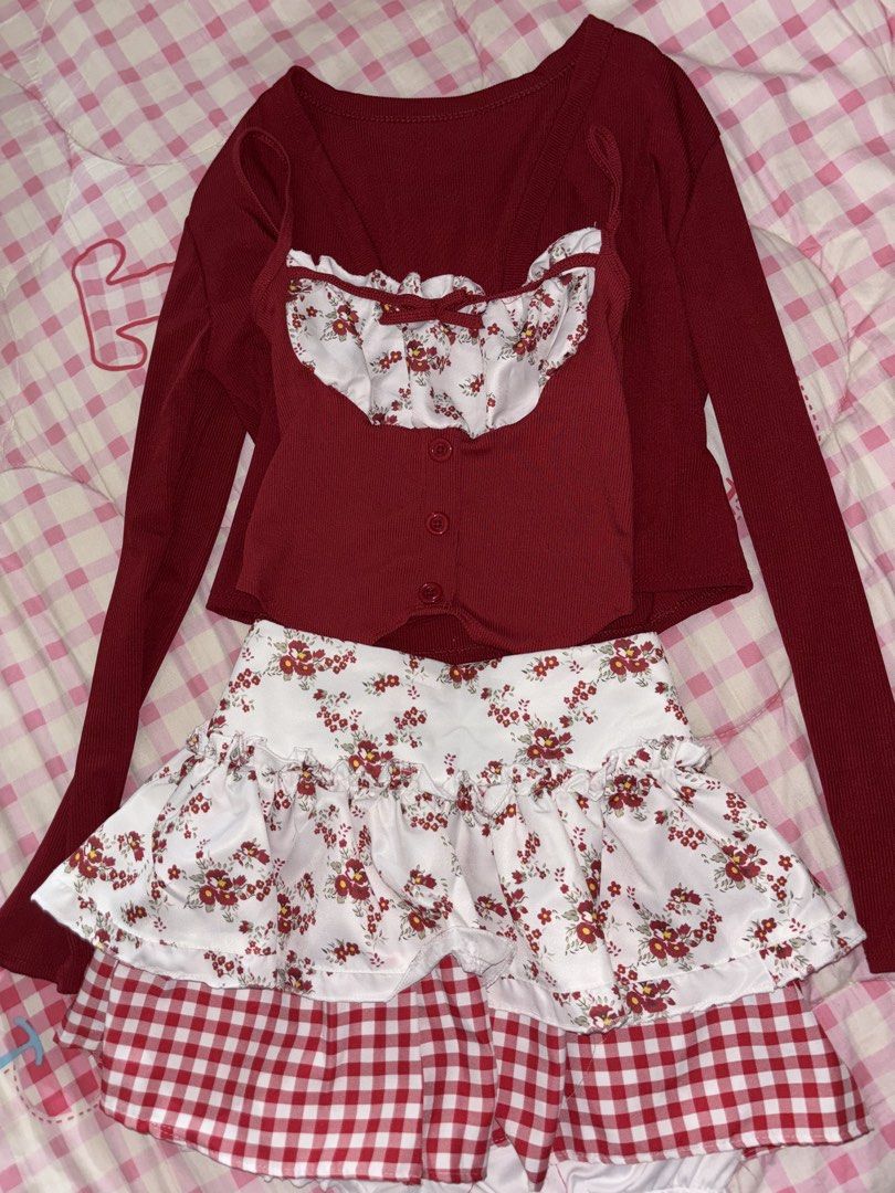 red floral 3 outfit set coquette (Category: Sets or Coordinates) located in Quezon City. Submitted by shoplikeisa (Listing ID 1448260813, Image 2). Description: this set includes: cardigan tank top skirt with shorts only used once! absolutely adorable set :3.