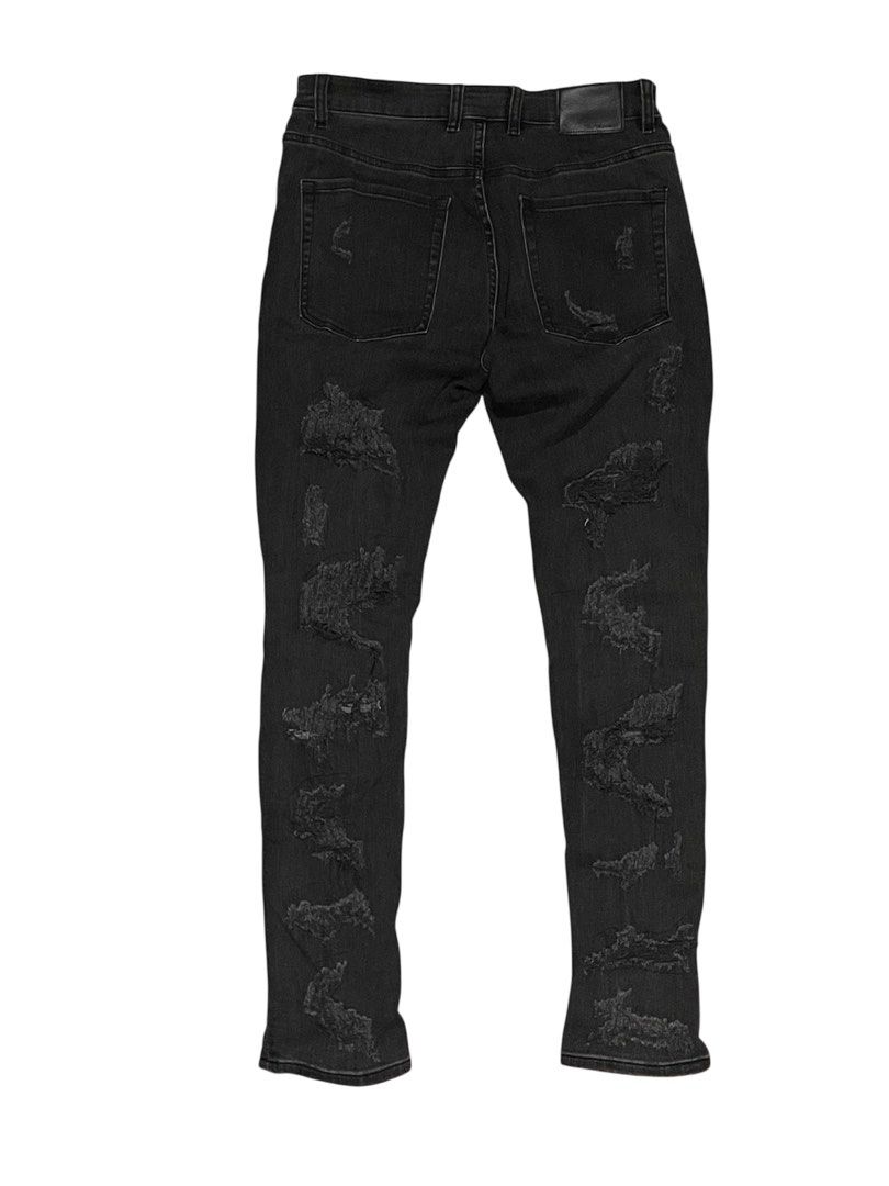 REPRESENT ENGLAND SHREDDED DENIM VINTAGE BLACK (Category: Jeans) located in Pasay City. Submitted by digital_wardrobe.ph (Listing ID 1448203070, Image 2). Description: REPRESENT ENGLAND SHREDDED DENIM VINTAGE BLACK details size: medium - large width: 33 length: 42.5 leg opening: 6 price: 850 location: pasay city.