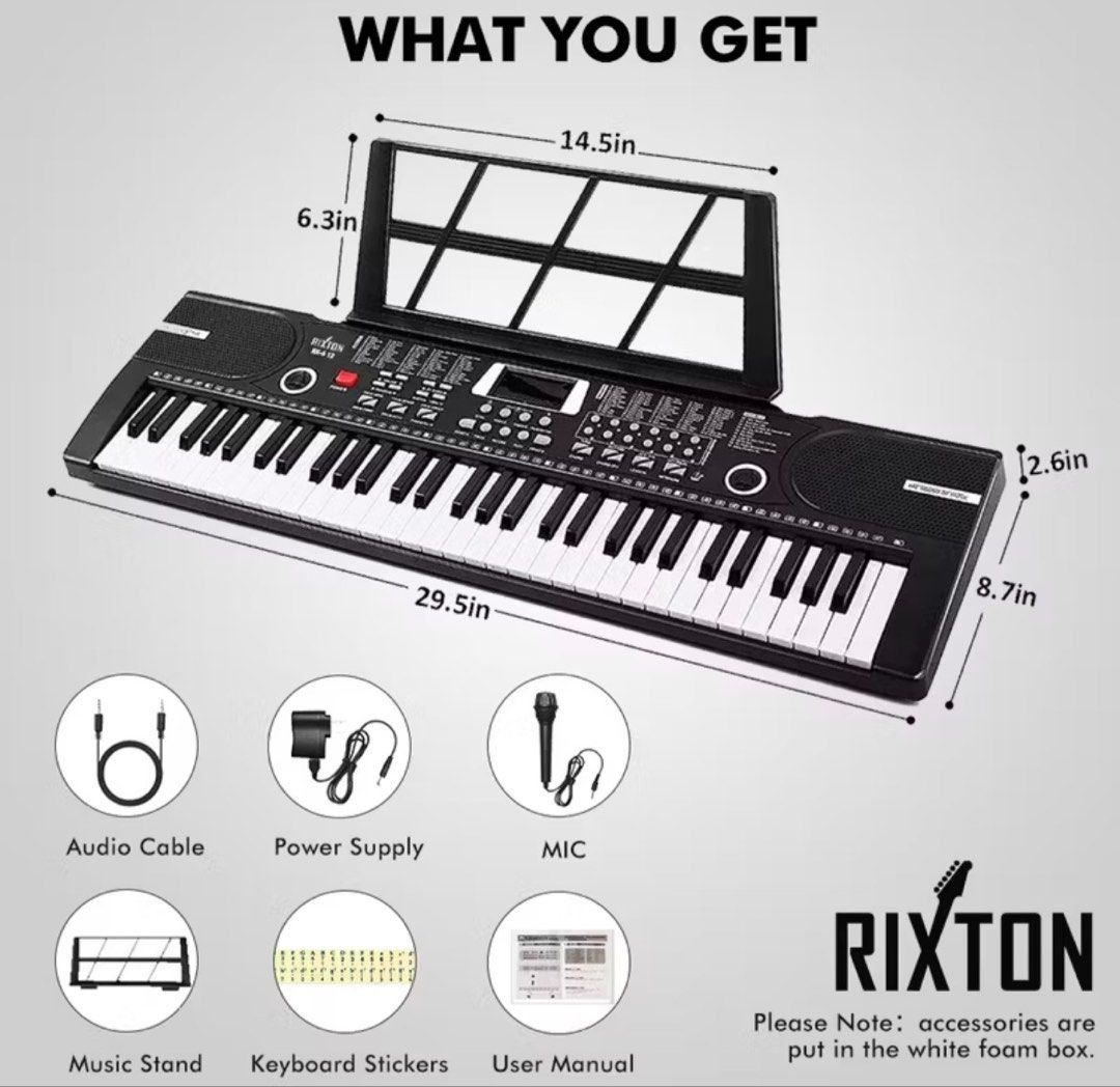 Rixton Electronic Keyboard with Accessories (Category: Musical Instruments) located in Manila. Submitted by weyt_k (Listing ID 1448205869, Image 1). Description: 61 keys, 29.5 inches long. Includes audio cable, power supply, microphone, and music stand. Also comes with keyboard stickers and user manual. Great for learning or playing music. All accessories are in the white foam case..