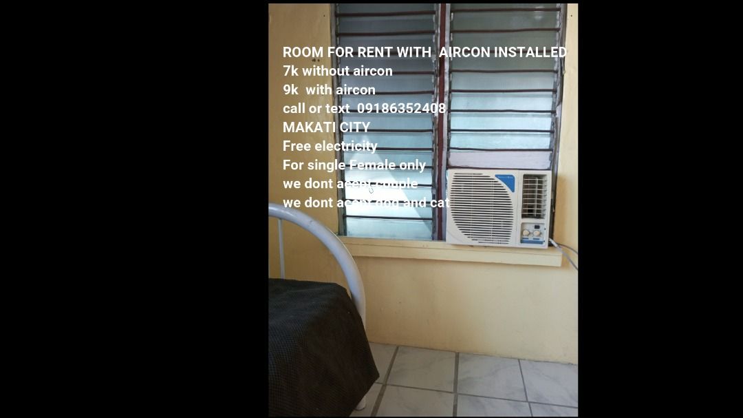 room for rent makati (Category: Room Rentals) located in Caloocan City. Submitted by cooltree.2e8055 (Listing ID 1434689057, Image 3). Description: ROOM FOR RENT FOR SINGLE FEMALE WITH AIRCON INSTALLED FREE ELECTRICITY 8000.00 CALL OR TEXT TEL-09186352408 UNIT FOR RENT FOR FEMALE , , OWN BATHROOM, with aircon inside, We offer FREE WATER Free Electricity TEL-09186352408 , Good for 1 Female only. few unit left , call or text for inquiry. we have ro