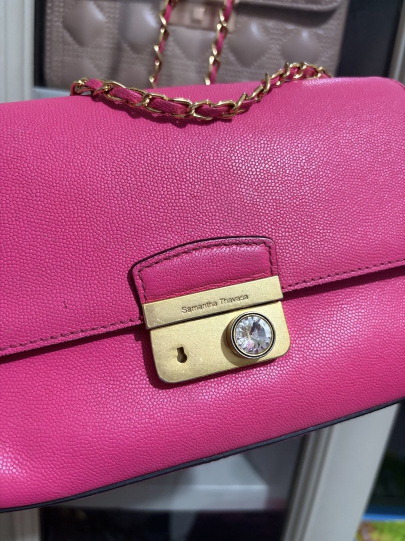 Samantha Thavasa | Chain Sling Bag (Category: Cross-body Bags) located in Pasig City. Submitted by joycee0119 (Listing ID 1448221918, Image 2). Description: 🛍️ Samantha Thavasa | Chain Sling Bag 🛍️ ✨ Preloved, personal collection ✔ Pink Genuine Leather ✔ Gold Hardwares ✔ Excellent Condition ✔ Very minimal signs of use (small penmark sa loob) ✔ With free silica gel & dust bag ✔ Size: 9x6x2.5 inches 💖 Looks really pretty and kikay! 🔥 RFS: Declu