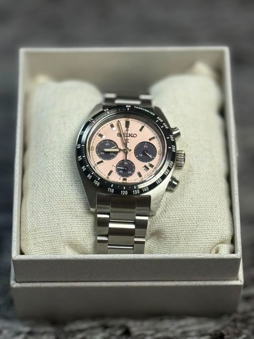 SBDL127 SEIKO PROSPEX SPEEDTIMER (Category: Luxury Watches) located in Santa Rosa. Submitted by zwei426 (Listing ID 1448221847, Image 2). Description: Movement: Seiko Caliber V192 Solar Quartz (powered by all types of light, with approx. 6 months of battery life on a full charge) Case Dimensions: 39mm in diameter, 13.3mm thick, and 45.5mm lug-to-lug Dial & Crystal: "Classic Rose" (pink) dial with black panda sub-dials, protected by an anti-reflec