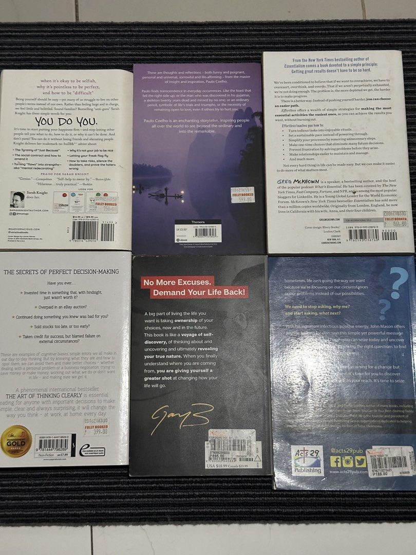 Self-Help & Business Books Bundle (Category: Storybooks) located in Davao. Submitted by relovedpicks (Listing ID 1448236290, Image 2). Description: - Bundle of 6 self-help and business books - take all for 1000 only!! Best deal!!! 1. The Art of Thinking Clearly - orig price 399 - now ₱150 only 2. You Do You' - ₱ orig price 750 now ₱250 3. Stop Doing That Sh*t' - orig price 895 now ₱ 300 only 4. Like the Flowing River- ₱599 orig price, now 250 onl