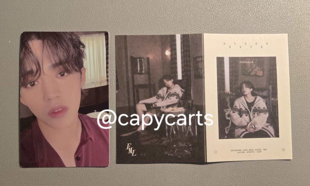 SEVENTEEN FML SCOUPS JEONGHAN (Category: K-Wave Merchandise) located in Quezon City. Submitted by capycarts (Listing ID 1448181097, Image 1). Description: 💎 quitting sale SEVENTEEN FML ALBUM | Fallen Misfit Lost Ver 💰 ₱350 + SF, PAYO 📍 Quezon City 📦 can ship nationwide ✔️ SCOUPS PC + JEONGHAN sticker ✔️ official / authentic ✔️ get everything in the pics 💌 DM for sure buyers wts lfb carats caratph seungcheol.