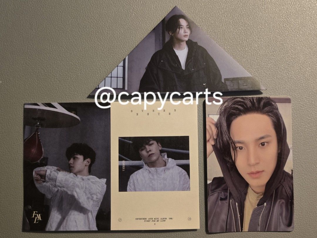 SEVENTEEN FML VERNON MINGYU JEONGHAN (Category: K-Wave Merchandise) located in Quezon City. Submitted by capycarts (Listing ID 1448179639, Image 1). Description: 💎 quitting sale SEVENTEEN FML ALBUM | Fight for my Life Ver 💰 ₱500 + SF, PAYO 📍 Quezon City 📦 can ship nationwide ✔️ MINGYU PC + VERNON sticker + JEONGHAN bookmark ✔️ official / authentic ✔️ get everything in the pics 💌 DM for sure buyers wts lfb carats caratph.
