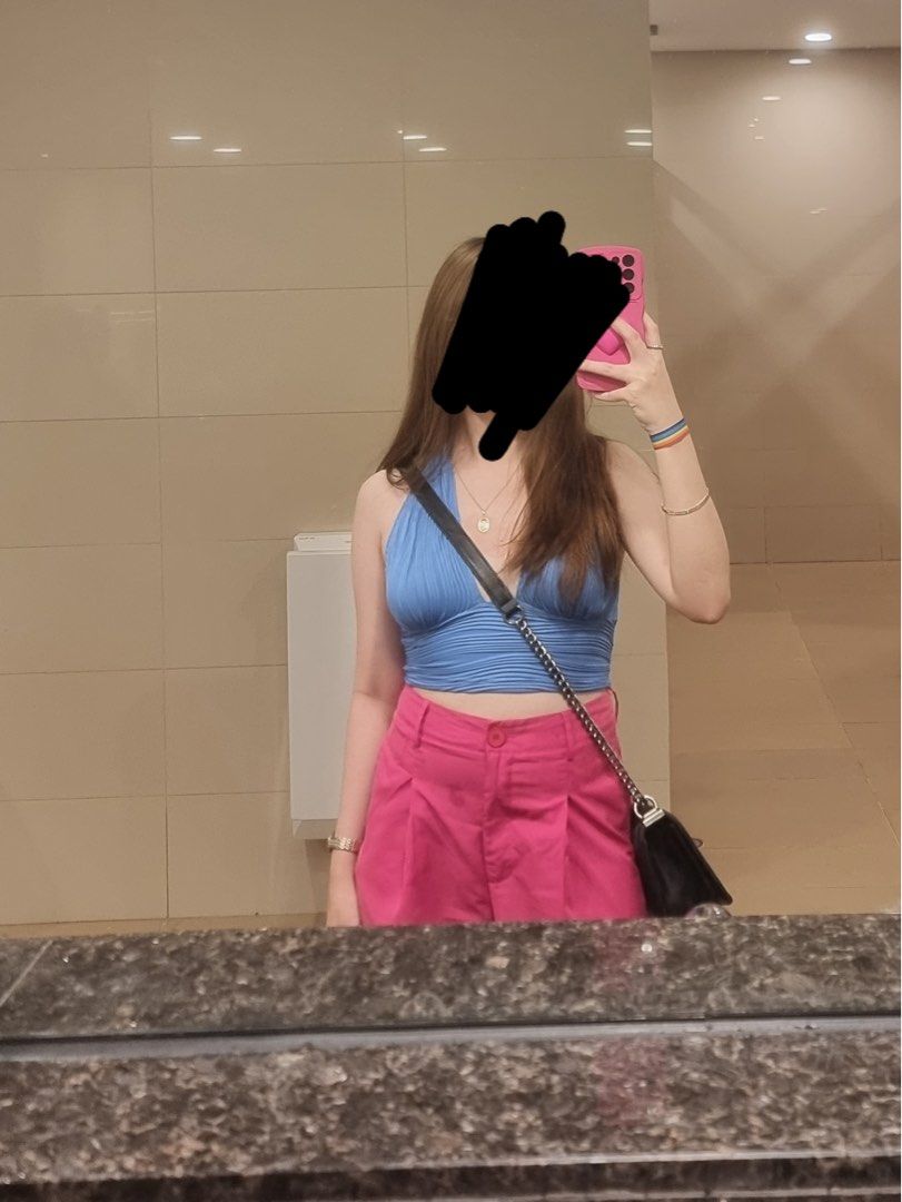 SHEIN Blue Textured Plunge Halter Top (Category: Sleeveless) located in Manila. Submitted by clubbronzemnl (Listing ID 1448138839, Image 3). Description: - SHEIN ICON Blue Halter Neck Top -used twice .