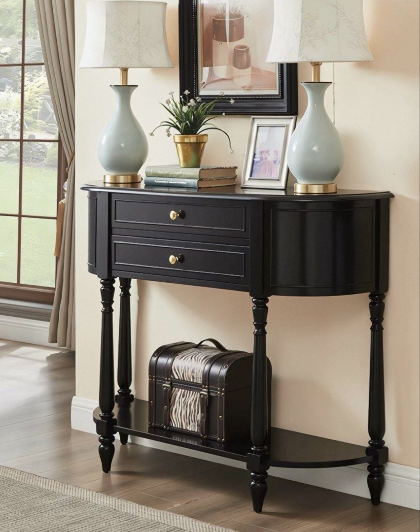 Solid Wood Console Table (Category: Tables & Sets) located in Singapore. Submitted by repentedhoarder (Listing ID 1448139570, Image 1). Description: - Classic black console table - Two drawers with elegant gold knobs - Lower shelf for additional storage - Decorative turned legs for a stylish touch - Solid and sturdy construction - Ideal for entryways, hallways, or living rooms - pre-order and takes about 2.5 weeks for delivery - comes in 3 length