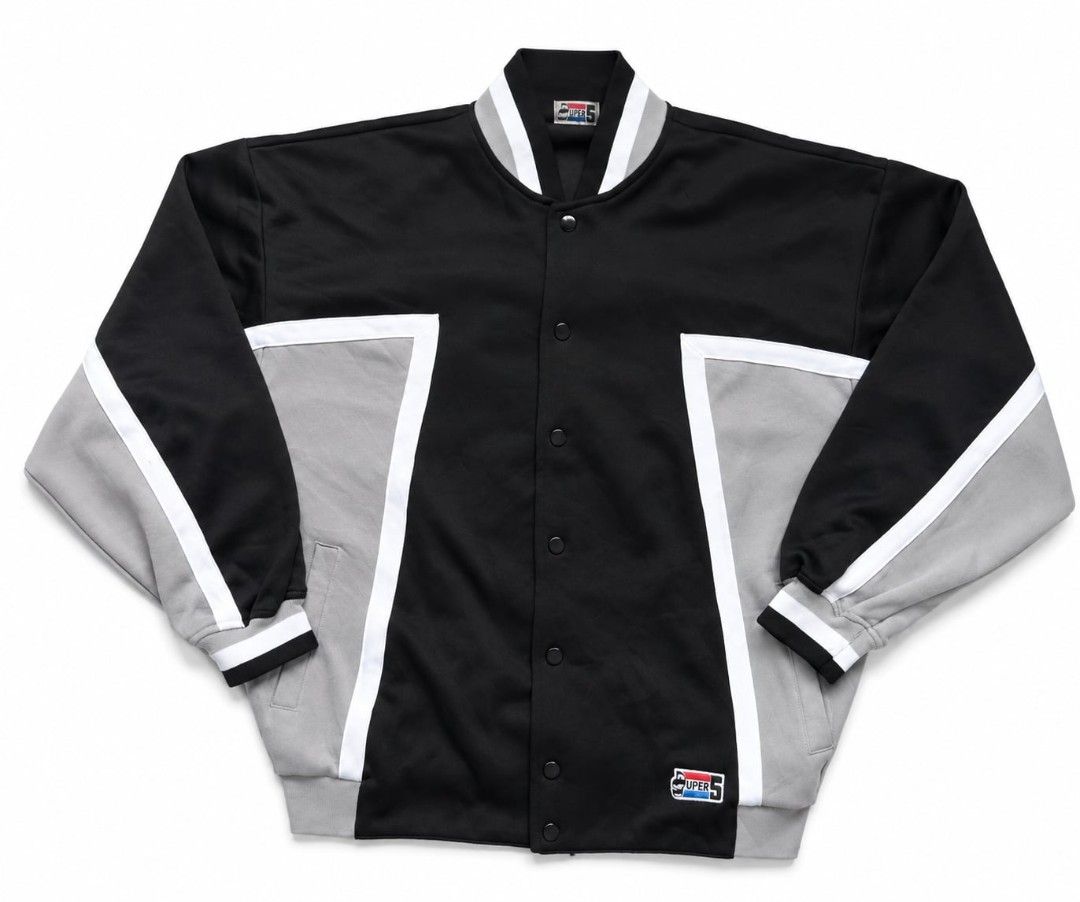 Super 5 Tritone Bomber Jacket (Category: Coats, Jackets and Outerwear) located in Vallehermoso. Submitted by threy (Listing ID 1448226969, Image 1). Description: - Stylish black and grey varsity jacket - Features crisp white stripe details on sleeves and front - Comfortable ribbed collar, cuffs, and hem - Easy button-up front closure - Ideal for everyday casual wear L 26 W 27 Waist 18.