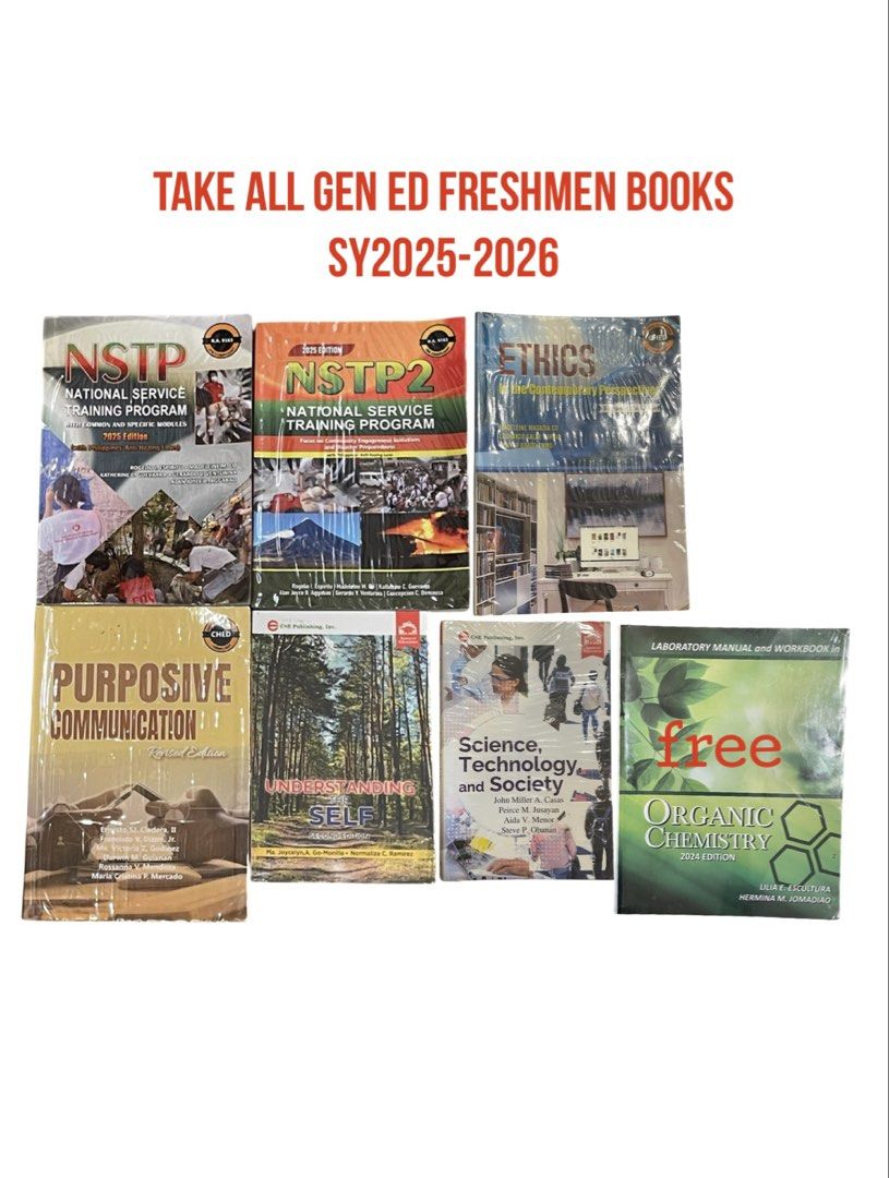 Take ALL 4pcs UE Freshman Gen Ed Books (Category: Everything Else Others) located in Muntinlupa City. Submitted by alabangbargains (Listing ID 1444760112, Image 1). Description: Condition: Used with missing workbook pages some pages with highlight and notes written ***All books with plastic cover Inclusion: TAke all 6pcs free lab manual missing workbook pages 💳 Mode of Payment • GCash • Bank Transfer ⸻ 🚚 Shipping • Shipping fee to be shouldered