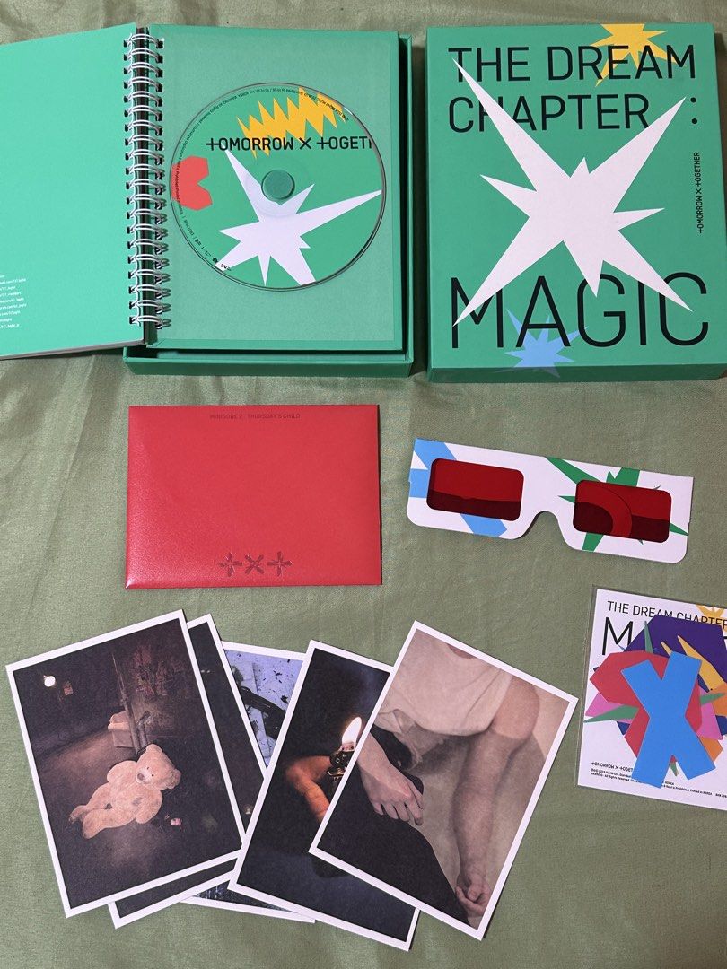 TXT The Dream Chapter: MAGIC Albums (2 Versions) (Category: K-Wave Merchandise) located in Taguig. Submitted by sassythrifter (Listing ID 1448147190, Image 3). Description: - TXT The Dream Chapter: Magic Album (Green Version) - TXT The Dream Chapter: Magic Album (Black Version) - Includes: CD, Photobook, 3D Glasses - Essential for any MOA collection! - Feel free to ask questions! - 350 each - 600 both!.