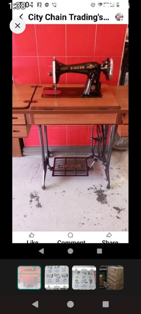 Vintage Singer Sewing Machine with Wooden Table (Category: Tables & Sets) located in Manila. Submitted by cctsugar (Listing ID 1448132193, Image 1). Description: - Classic vintage Singer sewing machine - Mounted in a sturdy wooden table with built-in drawers - Operates with a foot pedal for hands-free sewing - Ideal for all your sewing projects - A beautiful and functional piece ready for its next owner.