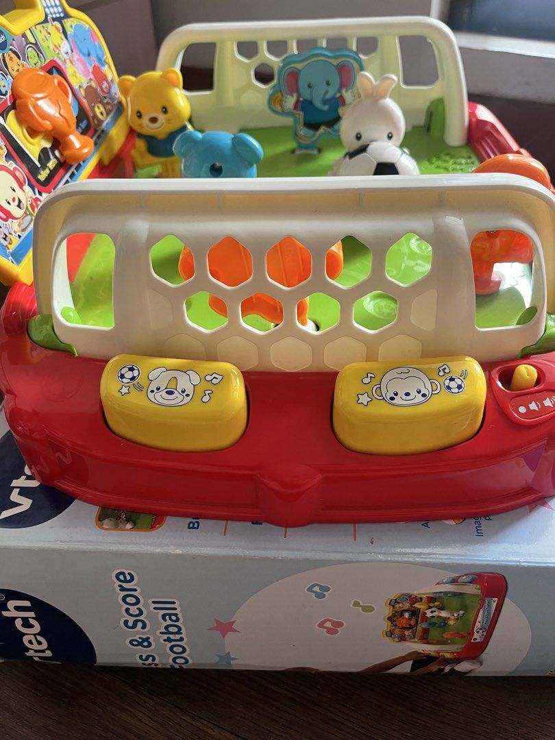 VTech Press & Score Football Electronic Toy (Category: Interactive Toys) located in Mandaluyong City. Submitted by coocoo_closet (Listing ID 1448091988, Image 2). Description: - Fun VTech Press & Score Football toy - Interactive buttons with animal characters - with lights and sounds - Original box included - no issues.