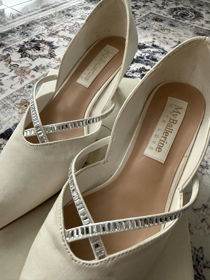 Wedding Shoes - My Ballerine Whitney Comfy Heels (Category: Heels) located in Batang Kali. Submitted by sbbyna (Listing ID 1448153148, Image 2). Description: - Brand: My Ballerine - Color: Ivory - Size: 38 - Design: Pointed toe with criss-cross straps adorned with rhinestones - Heel Height: Moderate - Condition: Great, comes with original box - Occasion: Ideal for formal events, parties, or weddings - Only wear once on wedding day - Inc postage.