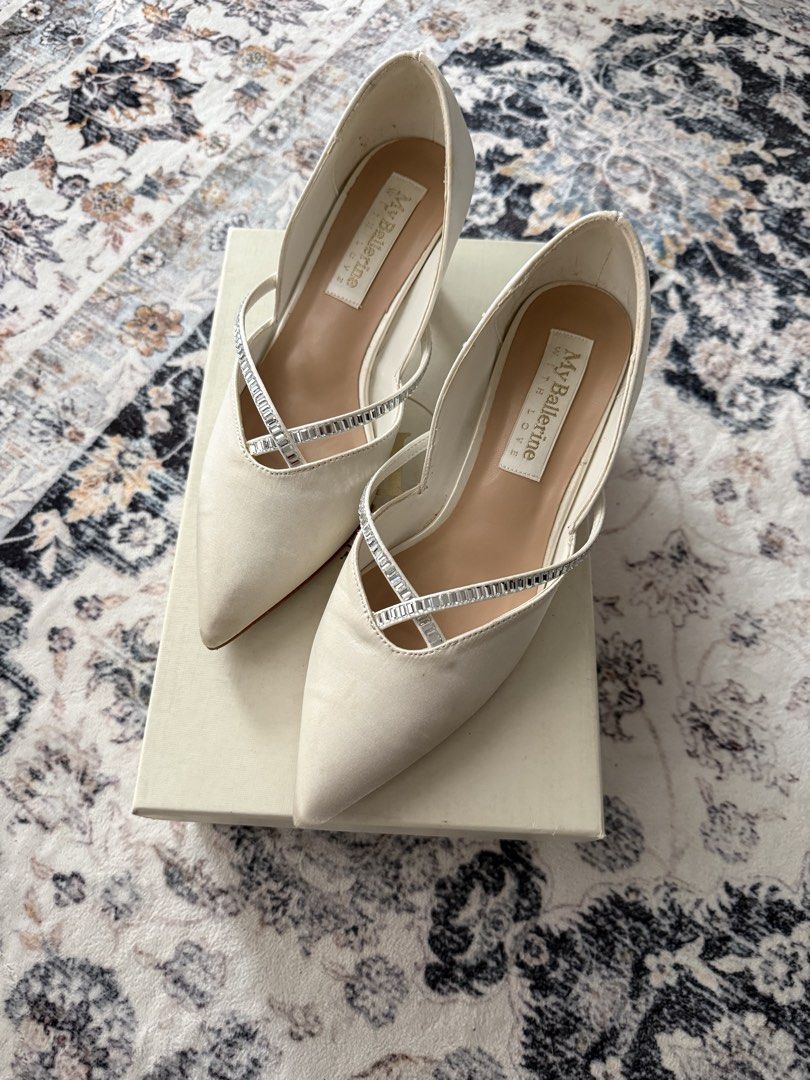 Wedding Shoes - My Ballerine Whitney Comfy Heels (Category: Heels) located in Batang Kali. Submitted by sbbyna (Listing ID 1448153148, Image 1). Description: - Brand: My Ballerine - Color: Ivory - Size: 38 - Design: Pointed toe with criss-cross straps adorned with rhinestones - Heel Height: Moderate - Condition: Great, comes with original box - Occasion: Ideal for formal events, parties, or weddings - Only wear once on wedding day - Inc postage.