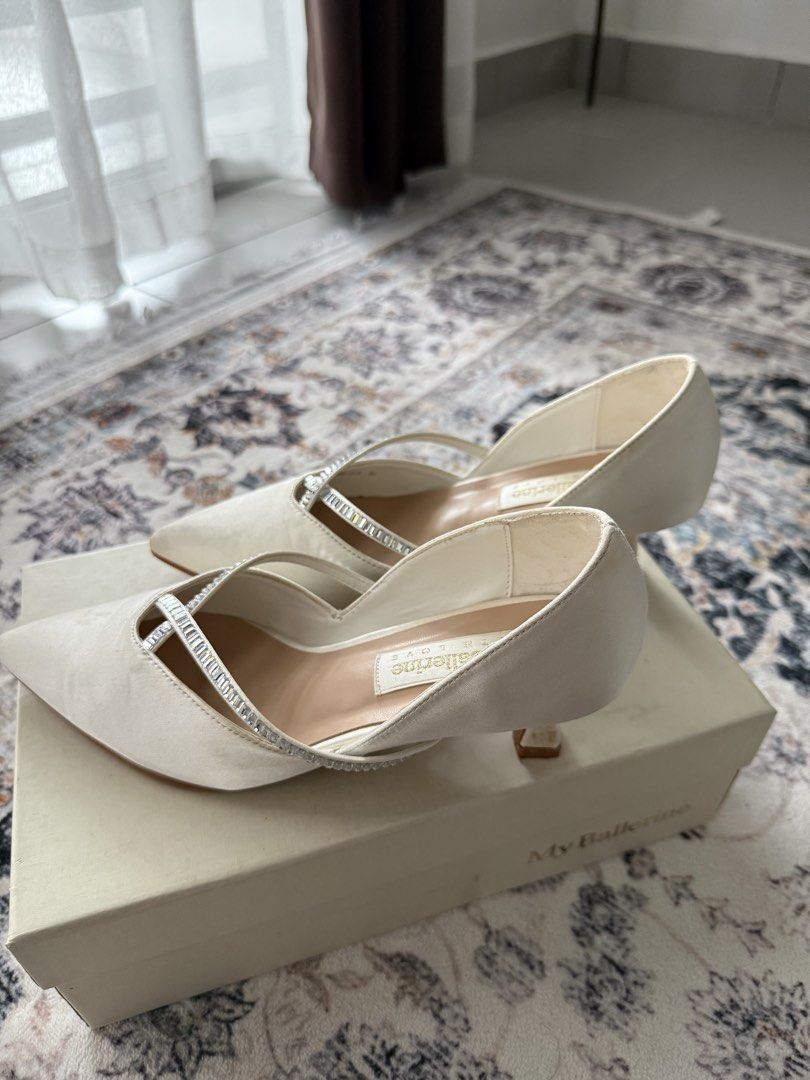 Wedding Shoes - My Ballerine Whitney Comfy Heels (Category: Heels) located in Batang Kali. Submitted by sbbyna (Listing ID 1448153148, Image 3). Description: - Brand: My Ballerine - Color: Ivory - Size: 38 - Design: Pointed toe with criss-cross straps adorned with rhinestones - Heel Height: Moderate - Condition: Great, comes with original box - Occasion: Ideal for formal events, parties, or weddings - Only wear once on wedding day - Inc postage.