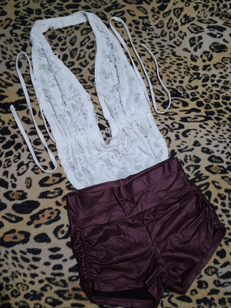 White Backless Lace Halter Top & Brown Leather Shorts Set (Category: Sets or Coordinates) located in Manila. Submitted by javavipp (Listing ID 1448219532, Image 1). Description: - Sold as a complete set ❗ - White lace halter top with adjustable tie-up strings - Deep V-neckline on the top - Brown leather shorts included - Shorts have a shiny, wet-look finish - Ideal for night outs or festival outfits .