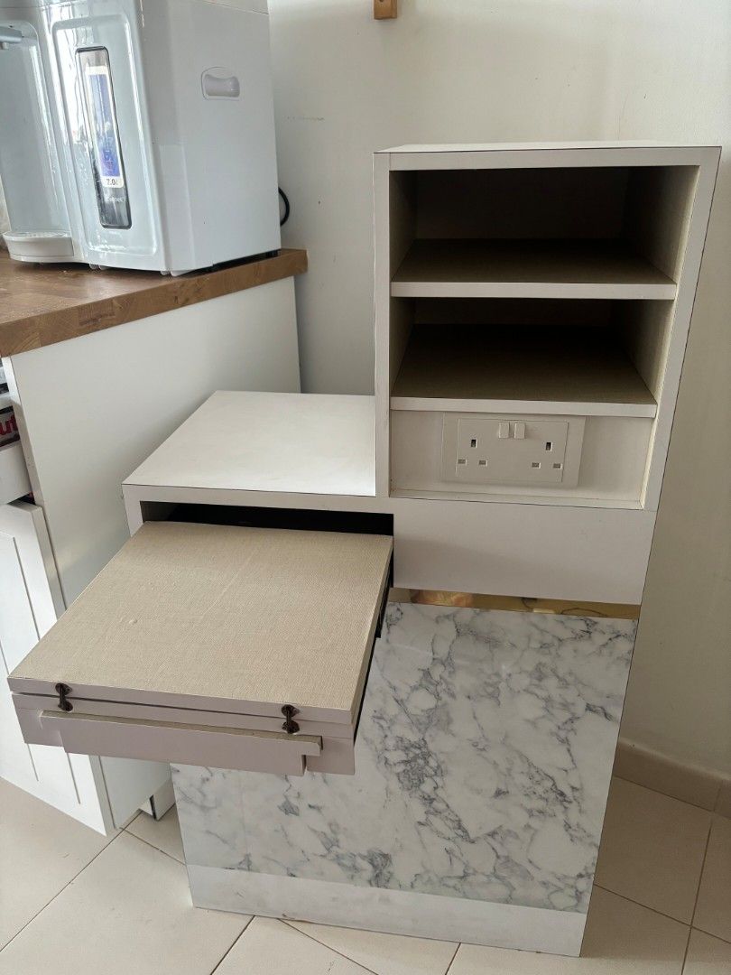 White Cabinet with Marble Accents and Shelving, Furniture & Home Living ...