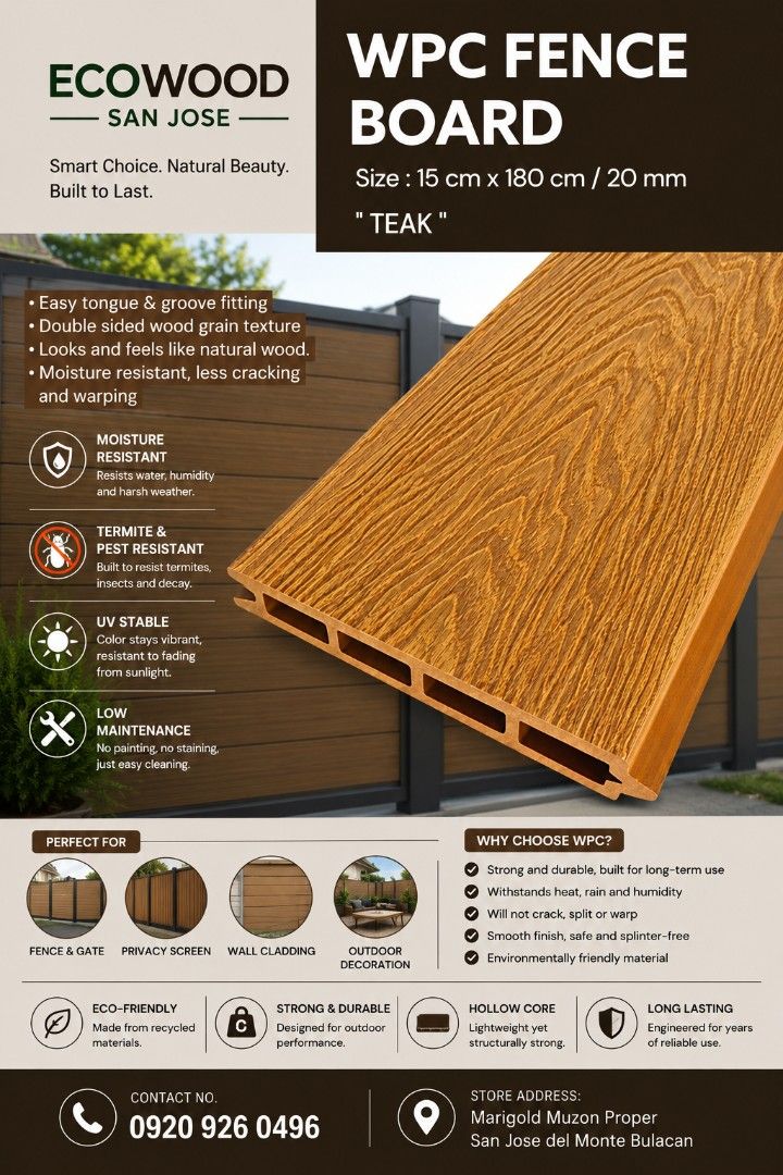 WPC Fence Board Premium Quality Haspe (Category: Home Improvement Tools & Accessories) located in Bulacan. Submitted by mjrie23 (Listing ID 1448087143, Image 2). Description: Upgrade Your Outdoor Space with the WPC Fence Board! Give your property a modern wood-look fence without the hassle of constant maintenance. Our WPC Fence Board combines the beauty of natural wood with the durability of composite material. ✨ Product Specifications: 📏 Size: 