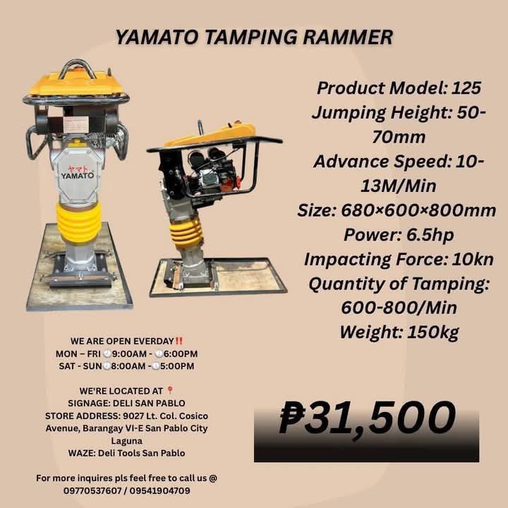 YAMATO TAMPING RAMMER (Category: Construction Tools & Equipment) located in Manila. Submitted by justineange628 (Listing ID 1448091315, Image 1). Description: YAMATO TAMPING RAMMER Product Model: 125 Jumping Height: 50-70mm Advance Speed: 10-13M/Min Size: 680×600×800mm Power: 6.5hp Impacting Force: 10kn Quantity of Tamping: 600-800/Min Weight: 150kg PRICE: 31,500 MODE OF PAYMENT: COD | COP GCash | Bank Transfer WE DO SHIPPING VIA LALAMOVE🚘 KINDL