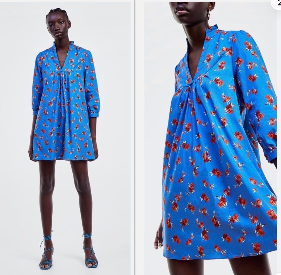 Zara Floral Tunic Dress (Category: Dresses) located in Quezon City. Submitted by onyx72 (Listing ID 1448263872, Image 3). Description: Zara Emma Floral Tunic Dress Vibrant blue base and constracting red floral print Gathered V-neckline Ruffled collar 3/4 length sleeves Lightweight cotton fabric With side pockets🥰 XS on tag but best fits xtra small - small Used ONCE.